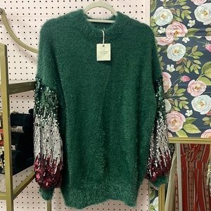 Beautiful sequin sleeve emerald green sweater